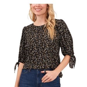Cece - Floral-Print Elbow Tie-Sleeve Crew Neck Blouse